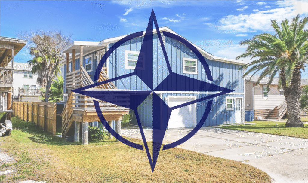 Texas Coastal Home with Palm Trees overlayed with Compass Rose